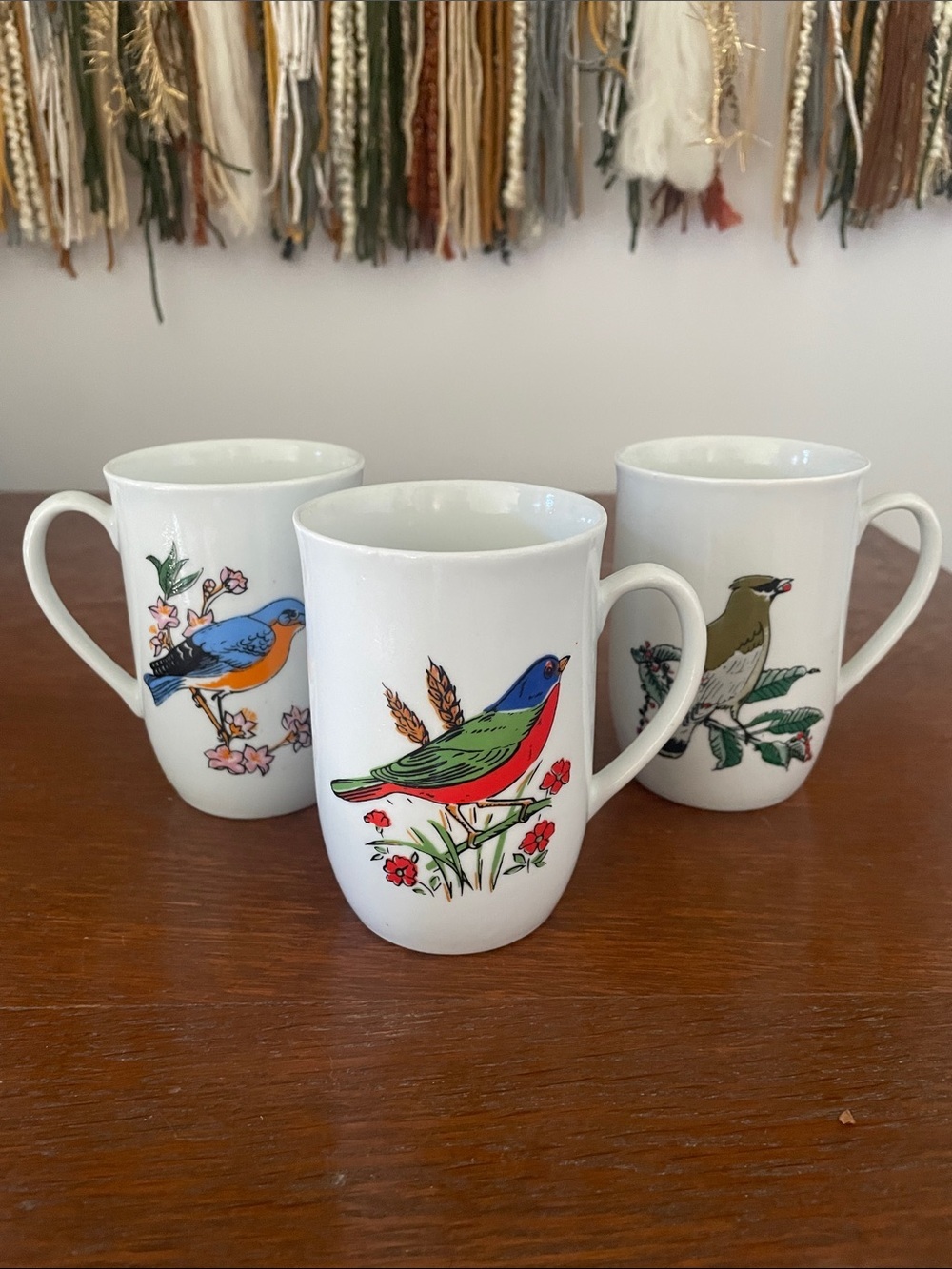 White Ceramic Bird Print Mugs - Set of 3 vintage like new